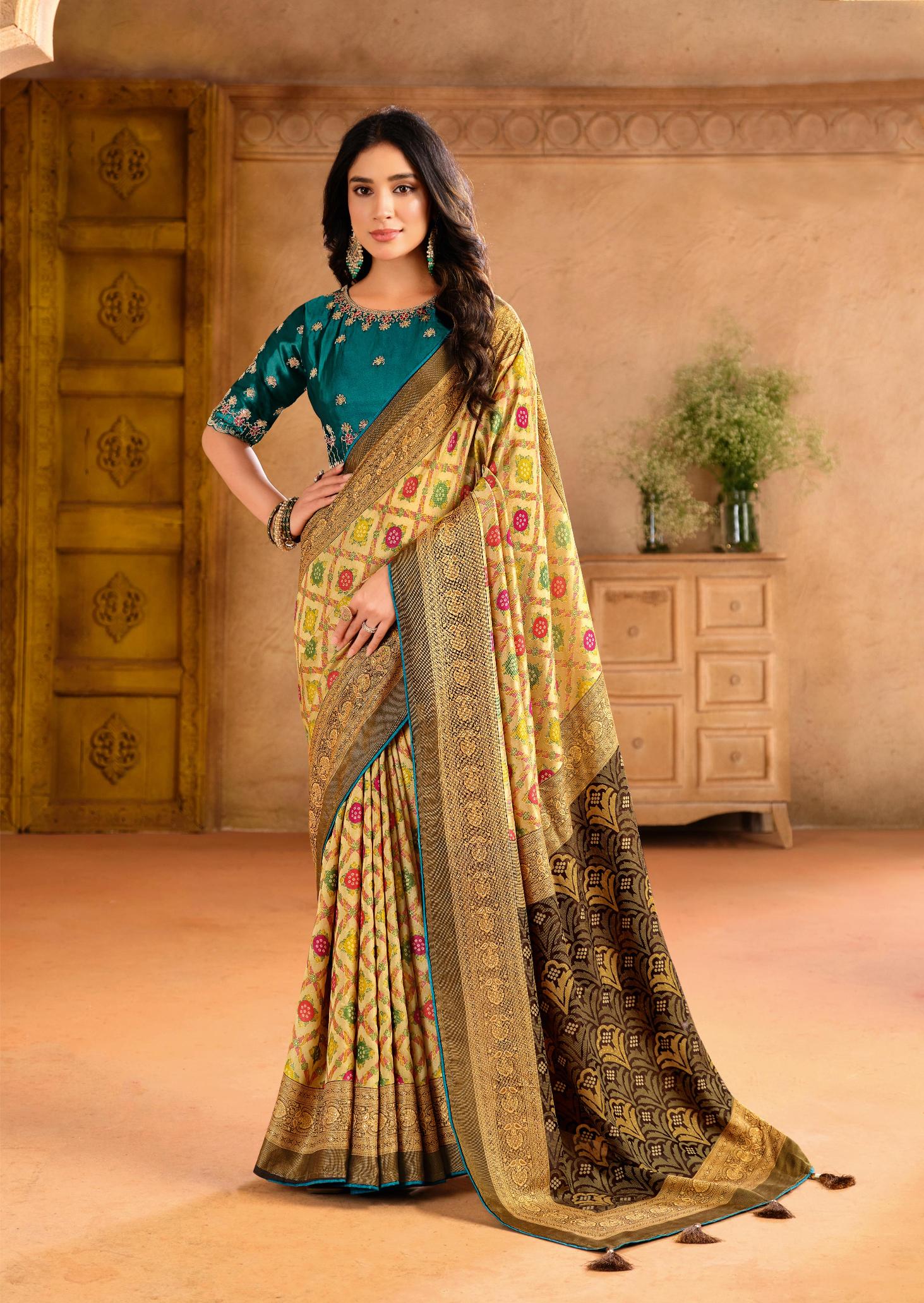 Cream Silk Blend Position Brasso with Foil Saree-PRTA1006