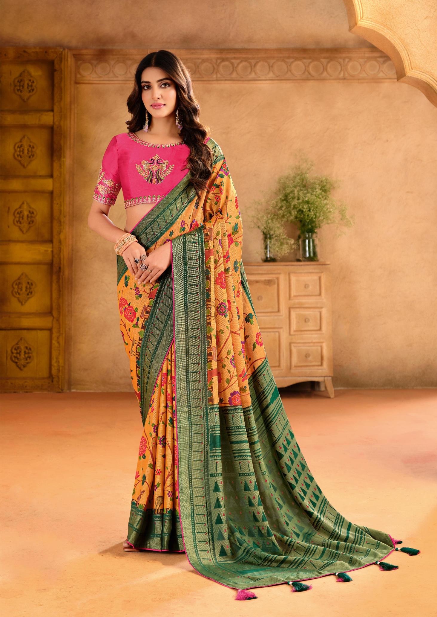 Mustard Silk Blend Position Brasso with Foil Saree-PRTA1007