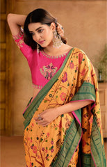 Mustard Silk Blend Position Brasso with Foil Saree