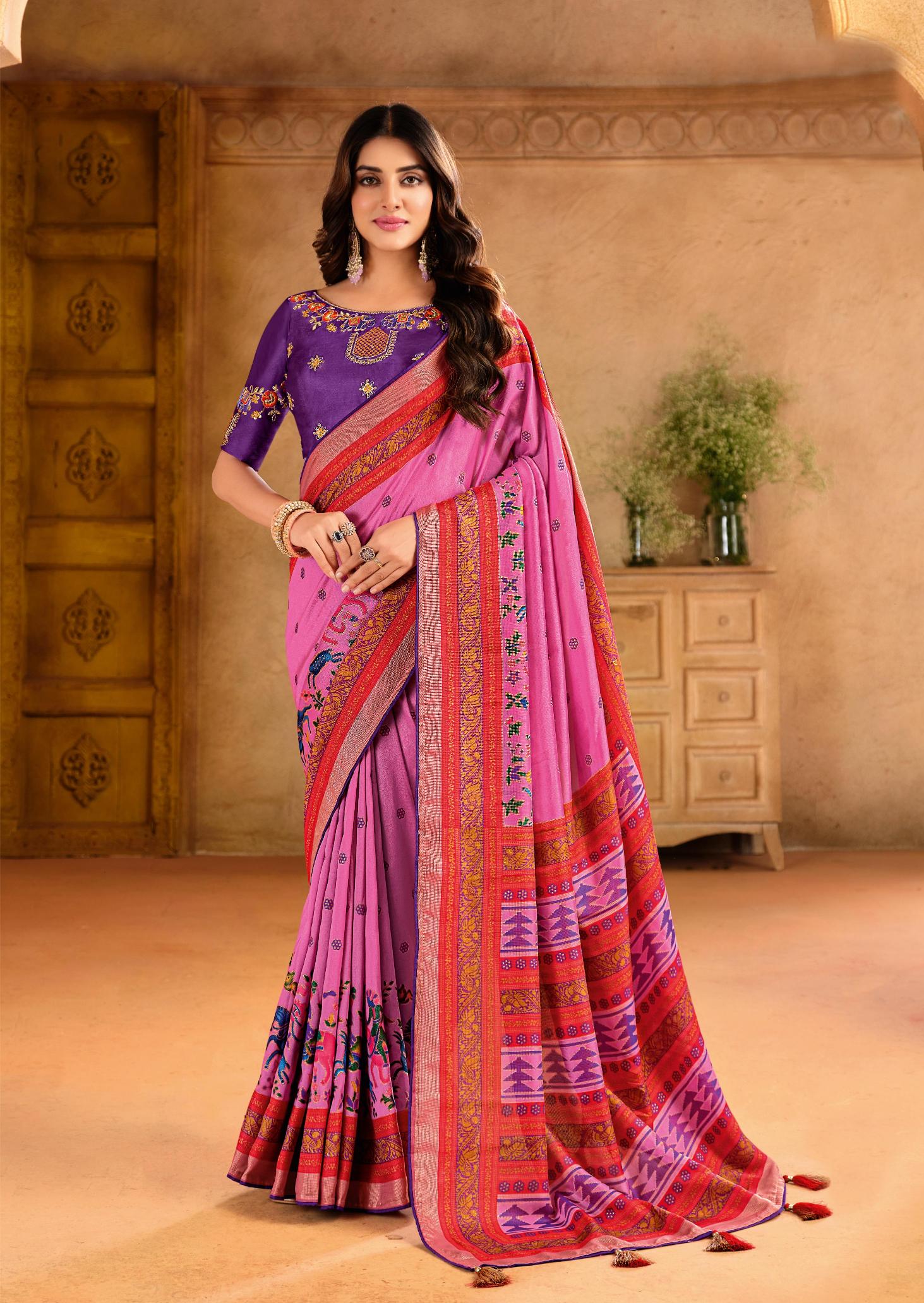 Pink Silk Blend Position Brasso with Foil Saree-PRTA1008