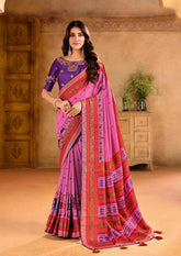 Pink Silk Blend Position Brasso with Foil Saree-PRTA1008