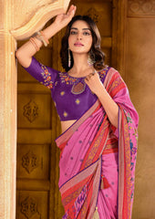 Pink Silk Blend Position Brasso with Foil Saree