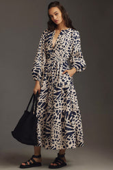Beige Poly Rayon Balloon Sleeve V-Neck Printed Maxi Casual Dress