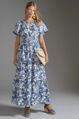 White Blue V-Neck Poly Rayon Printed Dress With Puff Sleeves