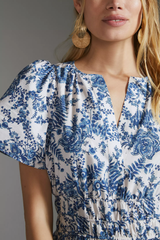 White Blue V-Neck Poly Rayon Printed Dress With Puff Sleeves