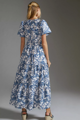 White Blue V-Neck Poly Rayon Printed Dress With Puff Sleeves