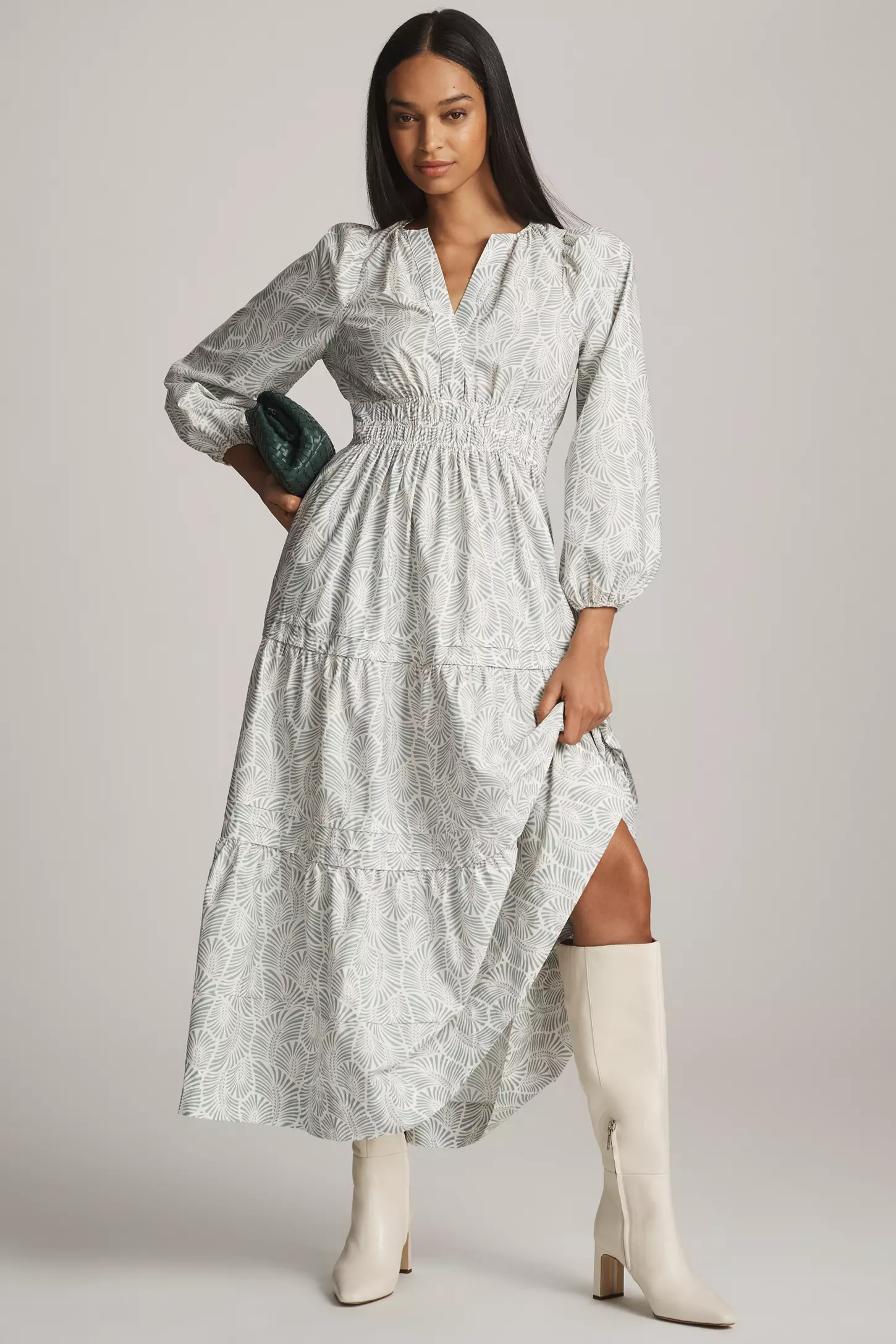 White Round Neck Poly Rayon Printed Dress With Puff Sleeves