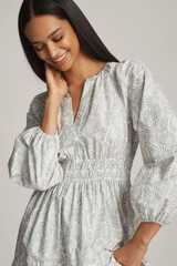 White Round Neck Poly Rayon Printed Dress With Puff Sleeves