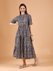 Black Round Neck Poly Rayon Printed Dress With Cuff Sleeve