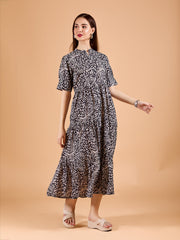 Black Round Neck Poly Rayon Printed Dress With Cuff Sleeve