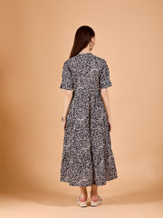 Black Round Neck Poly Rayon Printed Dress With Cuff Sleeve