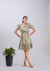 Olive Poly Crepe Square Neck Printed Dress