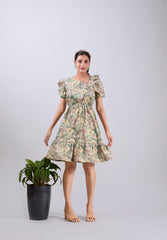 Olive Poly Crepe Square Neck Printed Dress