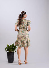 Olive Poly Crepe Square Neck Printed Dress