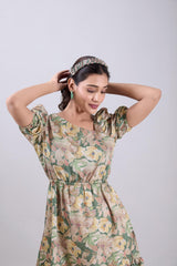 Olive Poly Crepe Square Neck Printed Dress