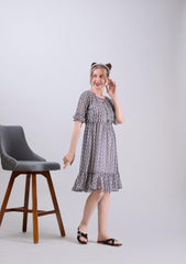 Multicolor Poly Georgette Round Neck Tie Up Printed Dress