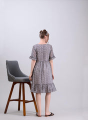 Multicolor Poly Georgette Round Neck Tie Up Printed Dress