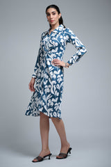 Blue-White Polyester Point Collar Cuff Sleeve Leaf Print Knee Length Dress