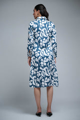 Blue-White Polyester Point Collar Cuff Sleeve Leaf Print Knee Length Dress