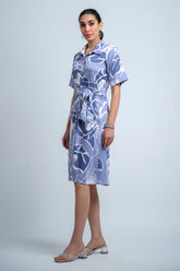 Sky Blue-White Poly Crepe Point Collar Regular Sleeves Abstract Knee Length Dress