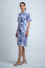 Sky Blue-White Poly Crepe Point Collar Regular Sleeves Abstract Knee Length Dress
