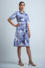 Sky Blue-White Poly Crepe Point Collar Regular Sleeves Abstract Knee Length Dress