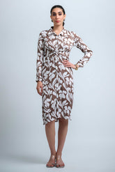 Brown-White Poly Crepe Point Collar Cuff Sleeve Floral Print Knee Length Dress