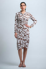 Brown-White Poly Crepe Point Collar Cuff Sleeve Floral Print Knee Length Dress