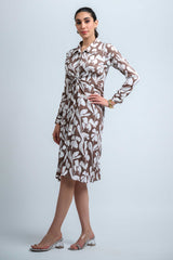 Brown-White Poly Crepe Point Collar Cuff Sleeve Floral Print Knee Length Dress