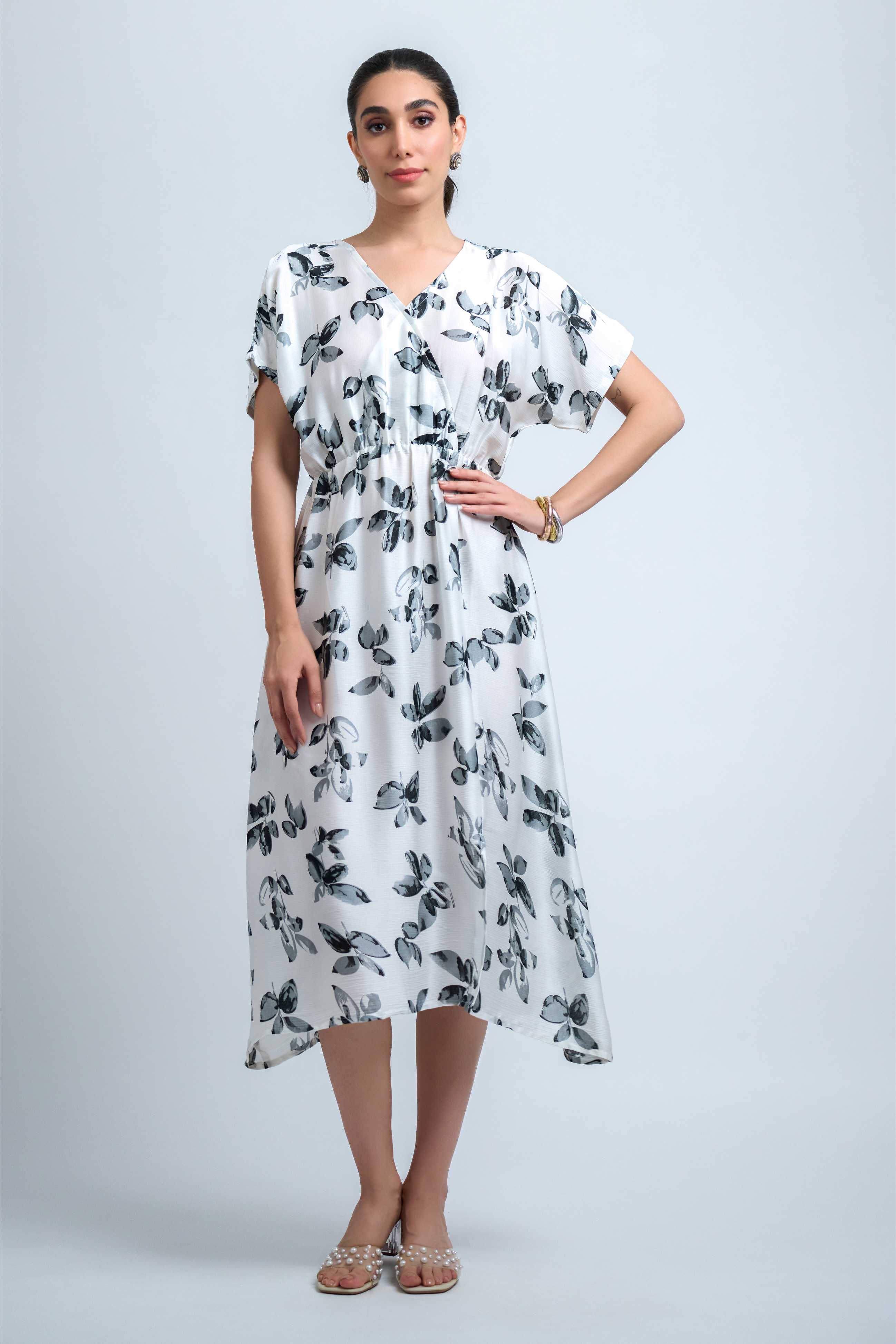 White-Black Satin Georgette V Neck Regular Sleeve Floral Print Calf Length Dress