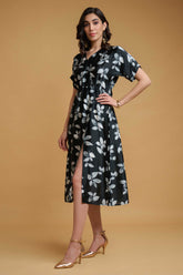 Black Georgette Satin V Neck Regular Sleeve Leaf Print Calf Length Dress