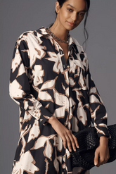 Black Poly Rayon Collared Cuff Sleeve Floral Print Calf Length Dress