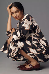 Black Poly Rayon Collared Cuff Sleeve Floral Print Calf Length Dress