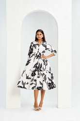 White Poly Rayon Collared Cuff Sleeve Floral Print Calf Length Dress