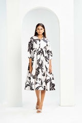 White Poly Rayon Collared Cuff Sleeve Floral Print Calf Length Dress