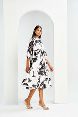 White Poly Rayon Collared Cuff Sleeve Floral Print Calf Length Dress