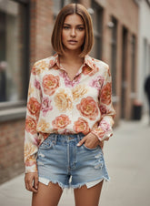 White Satin Printed Bohemian Womens Shirt