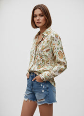 White Satin Printed Bohemian Collared Shirt