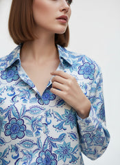 Blue & White Satin Printed Bohemian Shirt
