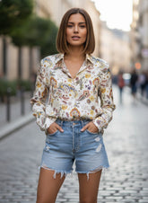 White Satin Printed Bohemian Long Sleeves Shirt