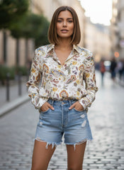 White Satin Printed Bohemian Long Sleeves Shirt