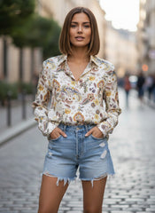 White Satin Printed Bohemian Long Sleeves Shirt