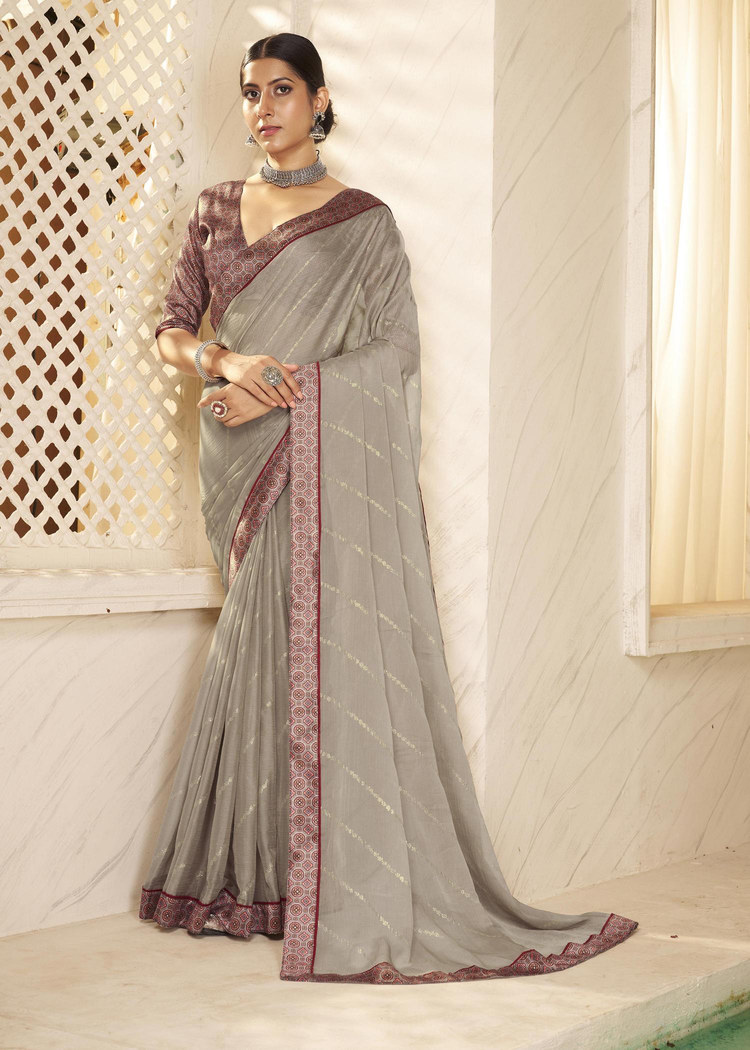 Grey Chiffon Foil Digital Print Saree-SHNYA1001
