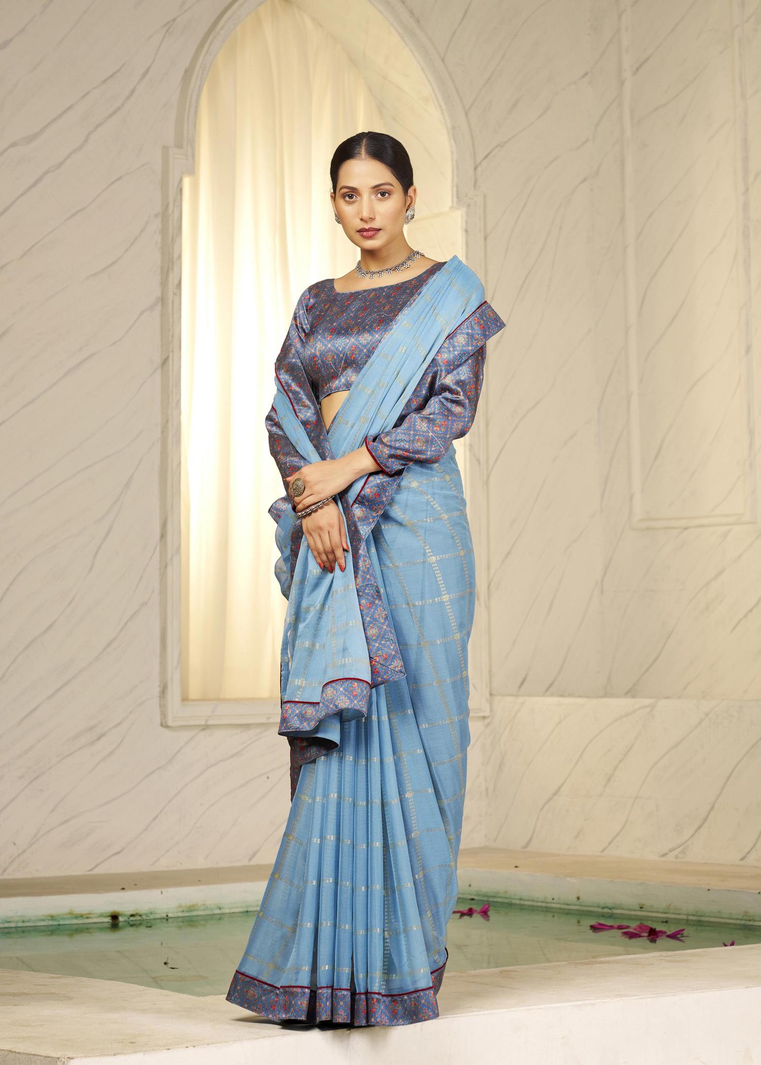 Sky Blue Chiffon Foil Digital Print Saree-SHNYA1002