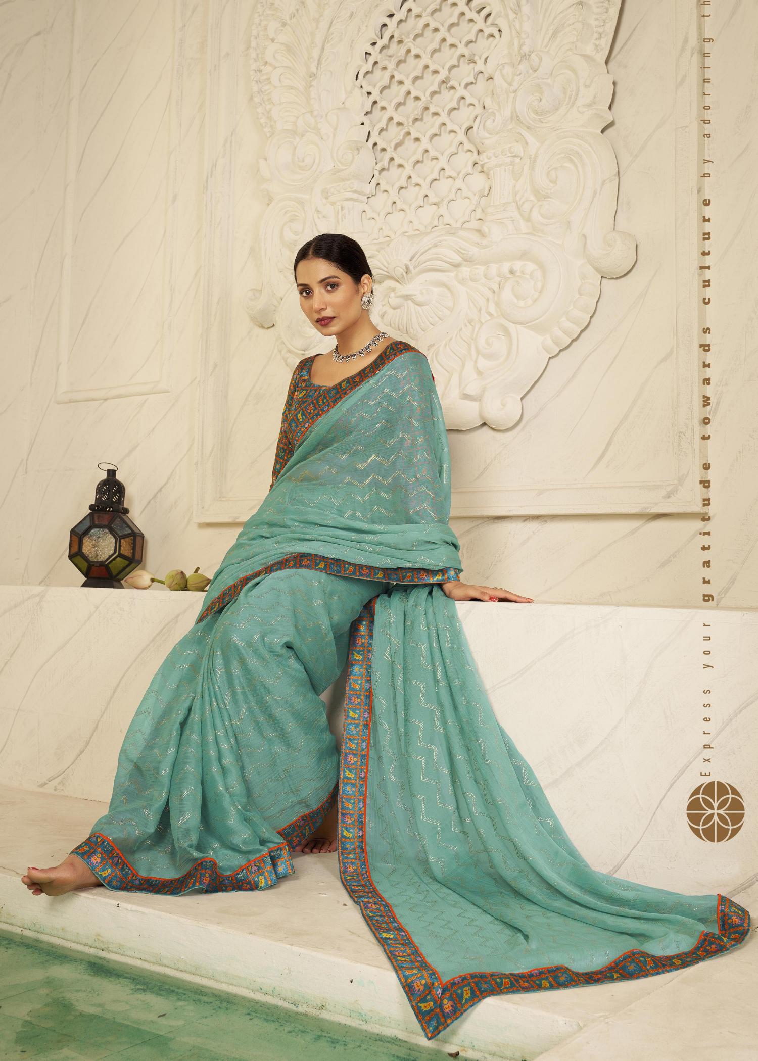 Sea Green Chiffon Foil Digital Print Saree-SHNYA1007