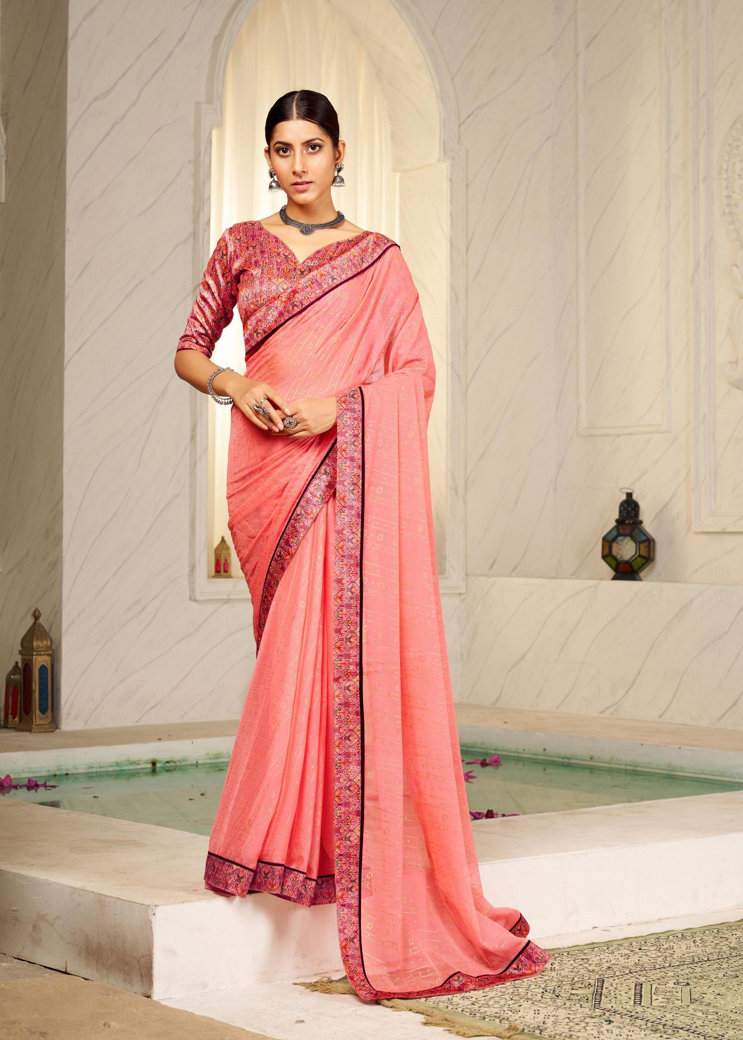 Peach Chiffon Foil Digital Print Saree-SHNYA1008