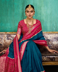 Navy Blue Velvet Tusser Silk  Solid Saree