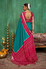 Sea Blue Velvet Tusser Silk  Solid Saree