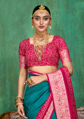 Sea Blue Velvet Tusser Silk  Solid Saree