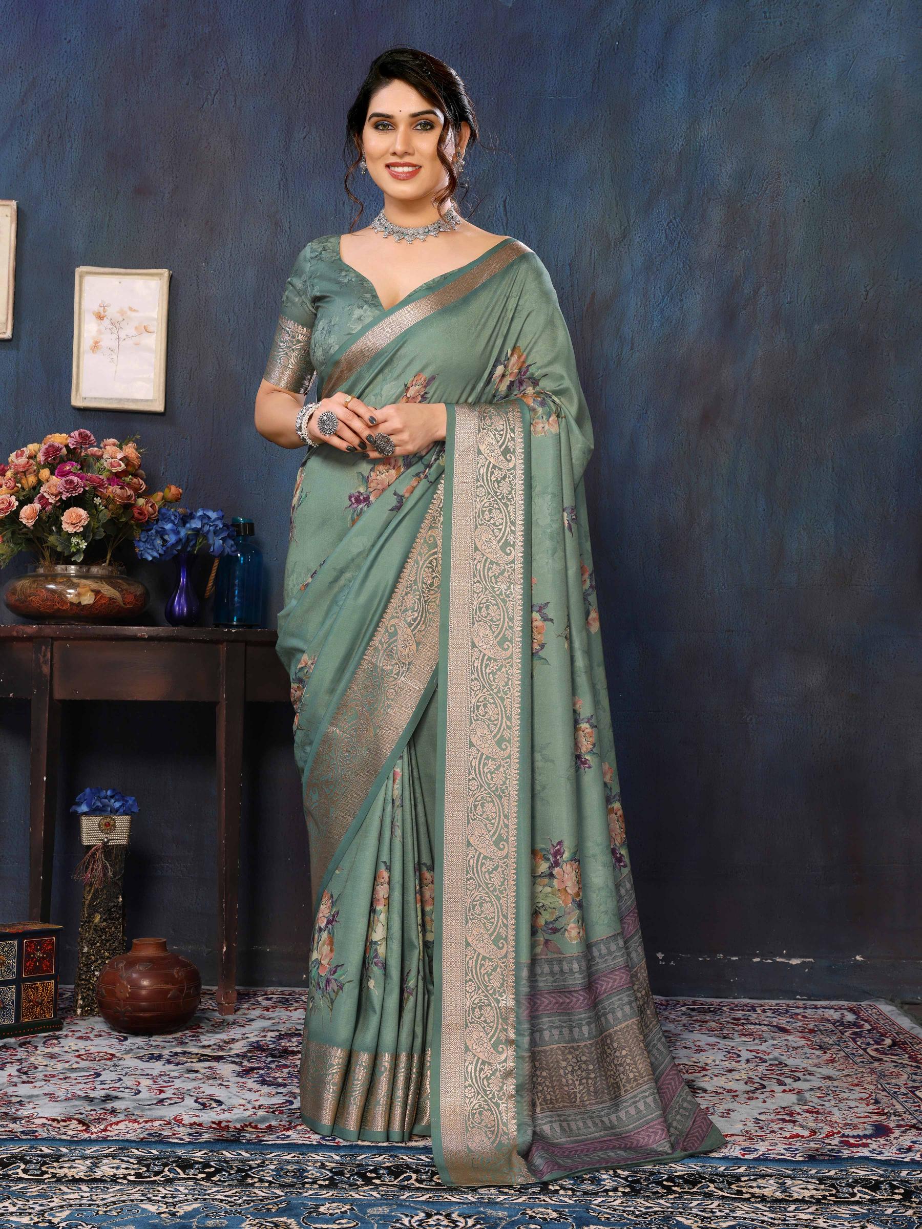 Green Velvet Tussar Silk Woven Jacquard Saree-SNGT2003
